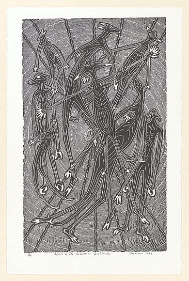 Artist: b'Hayward Pooaraar, Bevan.' | Title: b'Spirits of the Australian bushlands' | Date: 1988 | Technique: b'linocut' Artist: b'Hayward Pooaraar, Bevan.' | Title: b'Spirits of the Australian bushlands' | Date: 1988 | Technique: b'linocut'