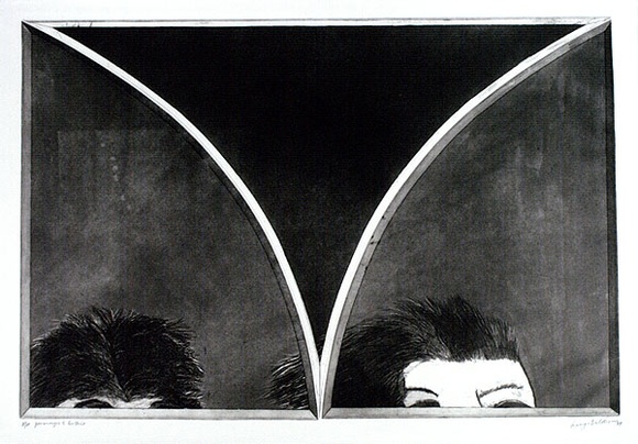 Artist: b'BALDESSIN, George' | Title: b'Personages and gothic I.' | Date: 1969 | Technique: b'etching and aquatint, printed in black ink, from three shaped plates' Artist: b'BALDESSIN, George' | Title: b'Personages and gothic I.' | Date: 1969 | Technique: b'etching and aquatint, printed in black ink, from three shaped plates'