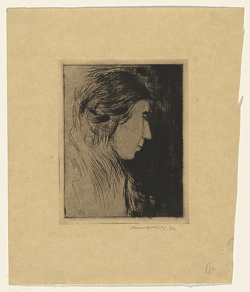 Artist: b'Brodzky, Horace.' | Title: bThe artist's sister, Beatrice. | Date: 1912 | Technique: b'drypoint, printed in black ink with plate-tone, from one plate' Artist: b'Brodzky, Horace.' | Title: bThe artist's sister, Beatrice. | Date: 1912 | Technique: b'drypoint, printed in black ink with plate-tone, from one plate'
