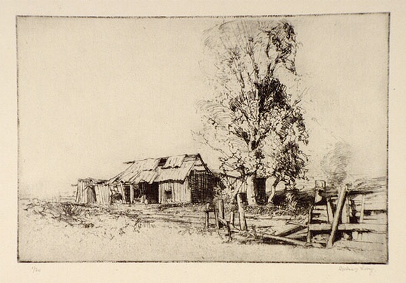 Artist: b'Long, Sydney.' | Title: b'The deserted selection.' | Date: 1923 | Technique: b'line-etching, printed in black ink with plate tone, from one copper plate' | Copyright: b'Reproduced with the kind permission of the Ophthalmic Research Institute of Australia'