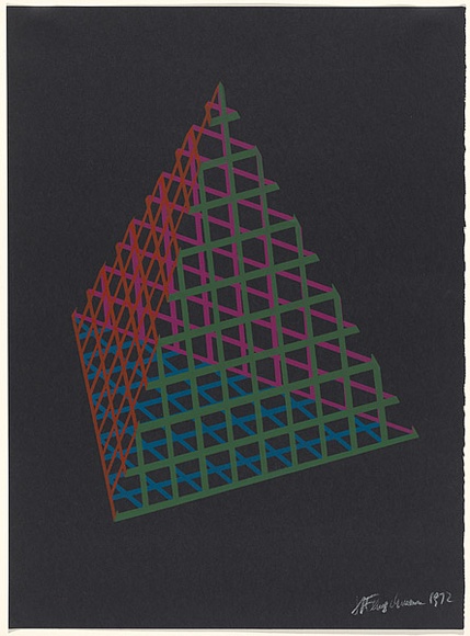 Artist: b'Flugelman, Bert.' | Title: b'(Pyramid in mesh).' | Date: 1972 | Technique: b'screenprint, printed in colour, from four stencil' | Copyright: b'\xc2\xa9 Bert Flugelman' Artist: b'Flugelman, Bert.' | Title: b'(Pyramid in mesh).' | Date: 1972 | Technique: b'screenprint, printed in colour, from four stencil' | Copyright: b'\xc2\xa9 Bert Flugelman'