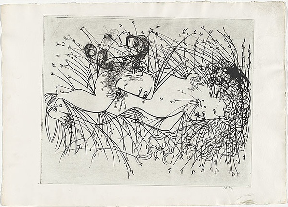 Artist: b'BOYD, Arthur' | Title: bFigure and ram's head in a cornfield. | Date: (1968-69) | Technique: b'etching, printed in black ink, from one plate' | Copyright: b'Reproduced with permission of Bundanon Trust' Artist: b'BOYD, Arthur' | Title: bFigure and ram's head in a cornfield. | Date: (1968-69) | Technique: b'etching, printed in black ink, from one plate' | Copyright: b'Reproduced with permission of Bundanon Trust'