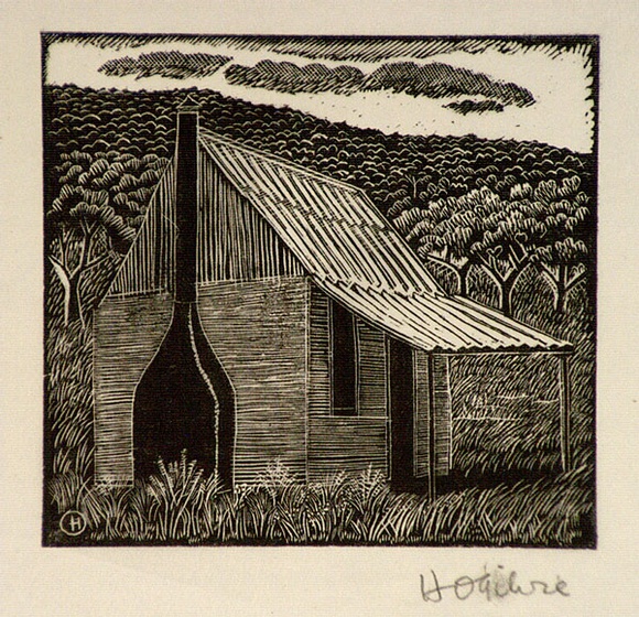 Artist: b'OGILVIE, Helen' | Title: b'not titled [Small wooden country house with chimney and verandah - a design for catalogue covers/invitations for the' | Date: c.1944 | Technique: b'wood-engraving, printed in black ink, from one block' Artist: b'OGILVIE, Helen' | Title: b'not titled [Small wooden country house with chimney and verandah - a design for catalogue covers/invitations for the' | Date: c.1944 | Technique: b'wood-engraving, printed in black ink, from one block'