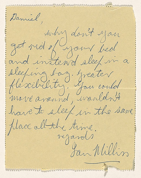 Artist: b'MILLISS, Ian' | Title: b'(Lettercard to Daniel Thomas suggesting he use a sleeping bag)' | Date: c.1971 | Technique: b'blue ballpoint pen on addressed, stamped and franked lettercard' Artist: b'MILLISS, Ian' | Title: b'(Lettercard to Daniel Thomas suggesting he use a sleeping bag)' | Date: c.1971 | Technique: b'blue ballpoint pen on addressed, stamped and franked lettercard'