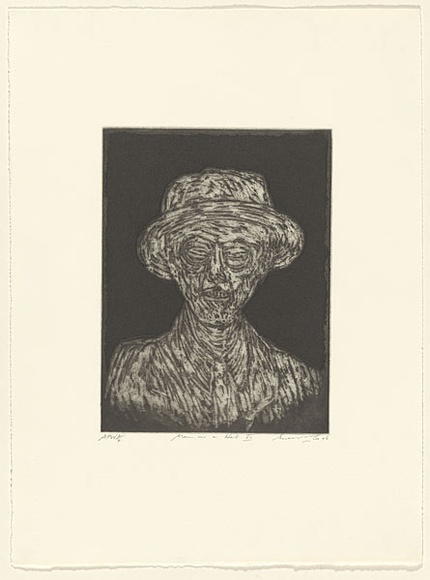 Artist: b'Lee, Graeme.' | Title: b'Man in a hat VI' | Date: 1996, March | Technique: b'etching, printed in black ink with plate-tone, from one plate' Artist: b'Lee, Graeme.' | Title: b'Man in a hat VI' | Date: 1996, March | Technique: b'etching, printed in black ink with plate-tone, from one plate'
