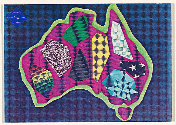 Artist: b'McDiarmid, David.' | Title: b'Postcard (Australia on dark blue background)' | Date: 1985 | Technique: b'screenprint, printed in colour, from multiple stencils; collage' | Copyright: b'Courtesy of copyright owner, Merlene Gibson (sister)' Artist: b'McDiarmid, David.' | Title: b'Postcard (Australia on dark blue background)' | Date: 1985 | Technique: b'screenprint, printed in colour, from multiple stencils; collage' | Copyright: b'Courtesy of copyright owner, Merlene Gibson (sister)'