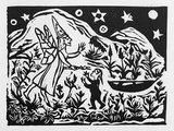 Artist: Allen, Joyce. | Title: (Pai Korri getting the magic wand from Iris) (Illustration 3). | Date: 1987 | Technique: linocut, printed in black ink, from one block