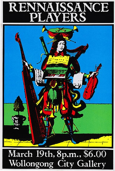 Artist: b'REDBACK GRAPHIX' | Title: b'Renaissance players.' | Date: 1982, before 19 March | Technique: b'screenprint, printed in colour, from four stencils' | Copyright: b'\xc2\xa9 Michael Callaghan' Artist: b'REDBACK GRAPHIX' | Title: b'Renaissance players.' | Date: 1982, before 19 March | Technique: b'screenprint, printed in colour, from four stencils' | Copyright: b'\xc2\xa9 Michael Callaghan'