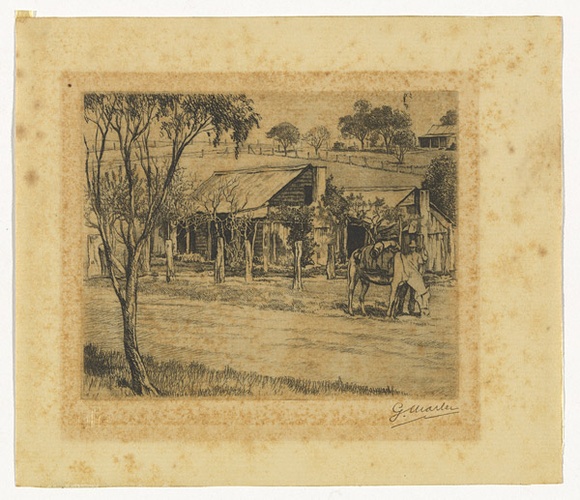 Artist: b'MARLER, G.' | Title: b'(Drover grazing horse by a cottage)' | Date: c.1930 | Technique: b'etching, printed in black ink, from one plate' Artist: b'MARLER, G.' | Title: b'(Drover grazing horse by a cottage)' | Date: c.1930 | Technique: b'etching, printed in black ink, from one plate'