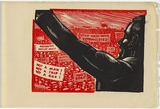 Artist: UNKNOWN, WORKER ARTISTS, SYDNEY, NSW | Title: Not titled (speaker and crowd with banners). | Date: 1933 | Technique: linocut, printed in colour, from two blocks (black and red)