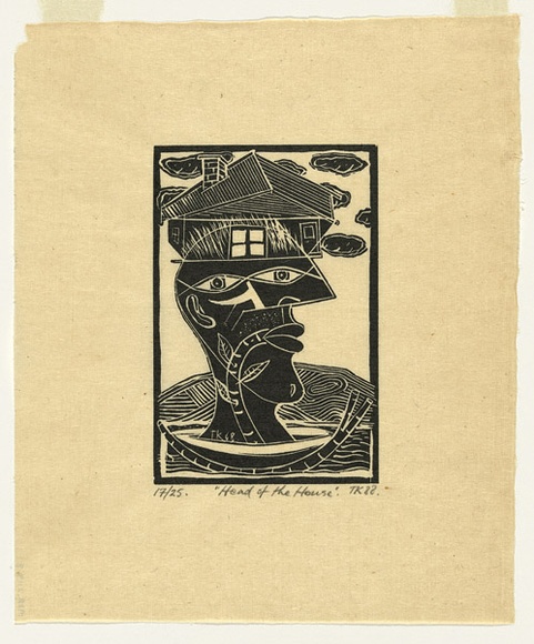 Artist: b'KONING, Theo' | Title: b'Head of the house' | Date: 1988 | Technique: b'linocut, printed in black ink, from one block' | Copyright: b'\xc2\xa9 Theo Koning' Artist: b'KONING, Theo' | Title: b'Head of the house' | Date: 1988 | Technique: b'linocut, printed in black ink, from one block' | Copyright: b'\xc2\xa9 Theo Koning'