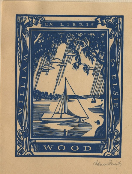 Artist: b'FEINT, Adrian' | Title: b'Bookplate: William & Elsie Wood.' | Date: (1937) | Technique: b'wood-engraving, printed in blue ink, from one block' | Copyright: b'Courtesy the Estate of Adrian Feint' Artist: b'FEINT, Adrian' | Title: b'Bookplate: William & Elsie Wood.' | Date: (1937) | Technique: b'wood-engraving, printed in blue ink, from one block' | Copyright: b'Courtesy the Estate of Adrian Feint'