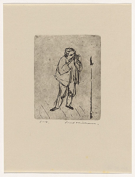 Artist: b'WILLIAMS, Fred' | Title: b'Harmonica player with microphone' | Date: 1955-56 | Technique: b'etching and flat biting, printed in black ink, from one zinc plate' | Copyright: b'\xc2\xa9 Fred Williams Estate' Artist: b'WILLIAMS, Fred' | Title: b'Harmonica player with microphone' | Date: 1955-56 | Technique: b'etching and flat biting, printed in black ink, from one zinc plate' | Copyright: b'\xc2\xa9 Fred Williams Estate'