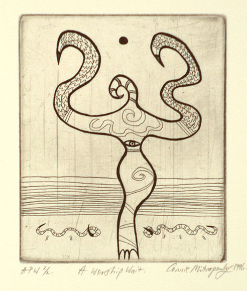 Artist: b'MITROPOULOS, Connie' | Title: b'A worship wait' | Date: 1996, July/August | Technique: b'etching, printed in black ink, from one plate' Artist: b'MITROPOULOS, Connie' | Title: b'A worship wait' | Date: 1996, July/August | Technique: b'etching, printed in black ink, from one plate'