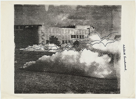 Artist: b'Murray-White, Clive.' | Title: b'Adelaide smokework' | Date: 1971 | Technique: b'photo-screenprint, printed in black ink, from one stencil; additions in fibre-tipped pen' Artist: b'Murray-White, Clive.' | Title: b'Adelaide smokework' | Date: 1971 | Technique: b'photo-screenprint, printed in black ink, from one stencil; additions in fibre-tipped pen'