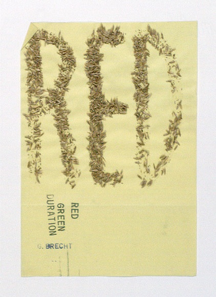 Artist: b'Grounds, Joan.' | Title: b'Red-green duration: from the portfolio Rare birds with sticky wings.' | Date: c.1978 | Technique: b'rubber stamps; collage of bird seed' Artist: b'Grounds, Joan.' | Title: b'Red-green duration: from the portfolio Rare birds with sticky wings.' | Date: c.1978 | Technique: b'rubber stamps; collage of bird seed'