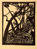 Artist: Stephen, Clive. | Title: (Woodcutter in forest) | Date: c.1950 | Technique: linocut, printed in black ink, from one block