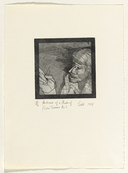 Artist: b'Todd, Geoff.' | Title: b'Portrait of a photo of Peter Timms number 2' | Date: 1978 | Technique: b'etching and aquatint, printed in black ink, from one plate' | Copyright: b'This work appears on screen courtesy of the artist and copyright holder' Artist: b'Todd, Geoff.' | Title: b'Portrait of a photo of Peter Timms number 2' | Date: 1978 | Technique: b'etching and aquatint, printed in black ink, from one plate' | Copyright: b'This work appears on screen courtesy of the artist and copyright holder'