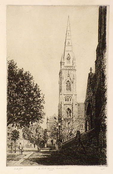 Artist: b'Cobb, Victor.' | Title: bThe Scot's Church, Collins Street, Melbourne. | Date: 1929 | Technique: b'etching and aquatint, printed in warm black ink, from one plate' Artist: b'Cobb, Victor.' | Title: bThe Scot's Church, Collins Street, Melbourne. | Date: 1929 | Technique: b'etching and aquatint, printed in warm black ink, from one plate'