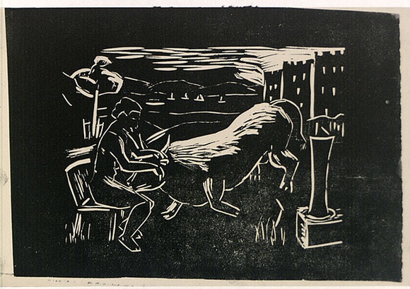 Artist: b'ROSENGRAVE, Harry' | Title: b'(Europa and the bull)' | Date: (1954) | Technique: b'linocut, printed in black ink, from one block' Artist: b'ROSENGRAVE, Harry' | Title: b'(Europa and the bull)' | Date: (1954) | Technique: b'linocut, printed in black ink, from one block'