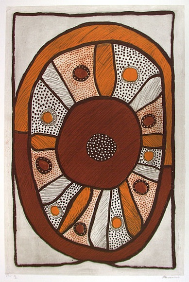Artist: b'Wonaeamirri, Pedro.' | Title: b'Kulama' | Date: 2000, March | Technique: b'etching, printed in colour with plate-tone, from three plates' | Copyright: b'\xc2\xa9 Pedro Wonaeamirri, Jilamara Arts and Craft' Artist: b'Wonaeamirri, Pedro.' | Title: b'Kulama' | Date: 2000, March | Technique: b'etching, printed in colour with plate-tone, from three plates' | Copyright: b'\xc2\xa9 Pedro Wonaeamirri, Jilamara Arts and Craft'
