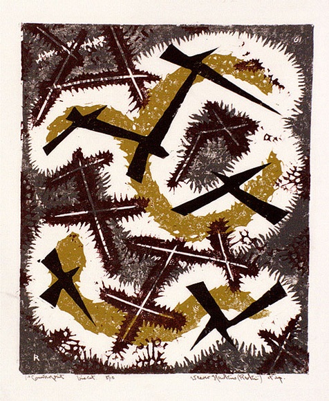 Artist: b'Hawkins, Weaver.' | Title: b'Counterpoint' | Date: 1961 | Technique: b'linocut, printed in colour, from multiple blocks' | Copyright: b'The Estate of H.F Weaver Hawkins' Artist: b'Hawkins, Weaver.' | Title: b'Counterpoint' | Date: 1961 | Technique: b'linocut, printed in colour, from multiple blocks' | Copyright: b'The Estate of H.F Weaver Hawkins'