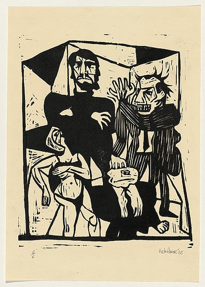 Artist: b'AMOR, Rick' | Title: b'(Three figures).' | Date: 1968 | Technique: b'woodcut, printed in black ink, from one block' | Copyright: b'Image reproduced courtesy the artist and Niagara Galleries, Melbourne' Artist: b'AMOR, Rick' | Title: b'(Three figures).' | Date: 1968 | Technique: b'woodcut, printed in black ink, from one block' | Copyright: b'Image reproduced courtesy the artist and Niagara Galleries, Melbourne'
