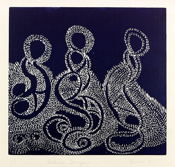 Artist: b'Shearer, Mitzi.' | Title: b'Costume designs' | Date: 1980 | Technique: b'linocut, printed in blue ink, from one block' Artist: b'Shearer, Mitzi.' | Title: b'Costume designs' | Date: 1980 | Technique: b'linocut, printed in blue ink, from one block'