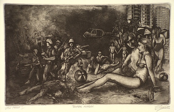 Artist: b'Dickson, Clive.' | Title: b'Tropical invasion' | Date: 1986 | Technique: b'etching and aquatint, printed in black ink, from one plate' Artist: b'Dickson, Clive.' | Title: b'Tropical invasion' | Date: 1986 | Technique: b'etching and aquatint, printed in black ink, from one plate'
