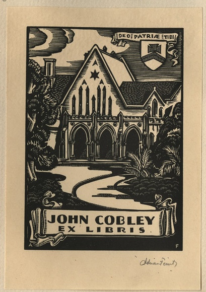 Artist: b'FEINT, Adrian' | Title: b'Bookplate: John Cobley.' | Date: (1935) | Technique: b'wood-engraving, printed in black ink, from one block' | Copyright: b'Courtesy the Estate of Adrian Feint' Artist: b'FEINT, Adrian' | Title: b'Bookplate: John Cobley.' | Date: (1935) | Technique: b'wood-engraving, printed in black ink, from one block' | Copyright: b'Courtesy the Estate of Adrian Feint'