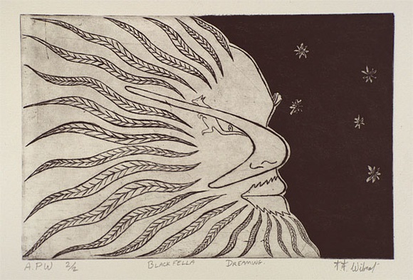 Artist: b'Wilmot, Trina.' | Title: b'Blackfella dreaming' | Date: 2000, June | Technique: b'etching, printed in black ink, from one plate' Artist: b'Wilmot, Trina.' | Title: b'Blackfella dreaming' | Date: 2000, June | Technique: b'etching, printed in black ink, from one plate'