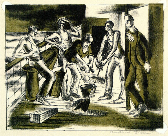 Artist: b'Brash, Barbara.' | Title: b'(Washing the deck).' | Date: 1950s | Technique: b'lithograph, printed in colour, from two plates' Artist: b'Brash, Barbara.' | Title: b'(Washing the deck).' | Date: 1950s | Technique: b'lithograph, printed in colour, from two plates'