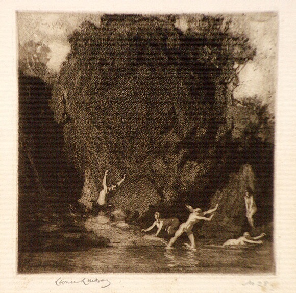 Artist: b'LINDSAY, Lionel' | Title: bThe satyr's pool | Date: 1917 | Technique: b'etching and spirit-aquatint, printed in blrown ink, from one plate' | Copyright: b'Courtesy of the National Library of Australia' Artist: b'LINDSAY, Lionel' | Title: bThe satyr's pool | Date: 1917 | Technique: b'etching and spirit-aquatint, printed in blrown ink, from one plate' | Copyright: b'Courtesy of the National Library of Australia'