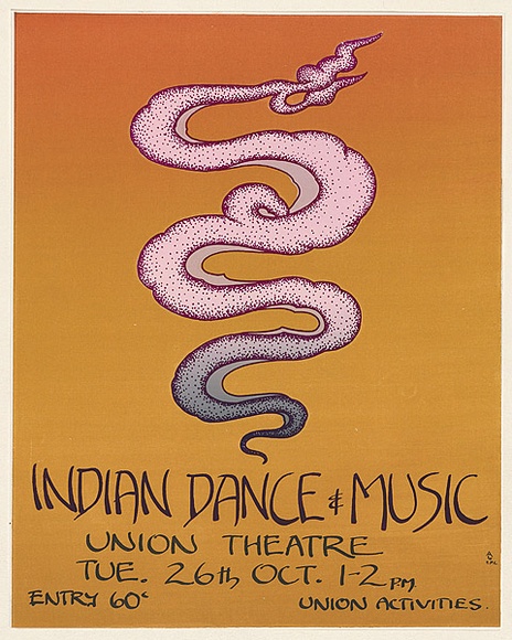 Artist: b'EARTHWORKS POSTER COLLECTIVE' | Title: b'Indian dance & music, Union Theatre.' | Date: 1976 | Technique: b'screenprint, printed in colour, from four stencils' Artist: b'EARTHWORKS POSTER COLLECTIVE' | Title: b'Indian dance & music, Union Theatre.' | Date: 1976 | Technique: b'screenprint, printed in colour, from four stencils'
