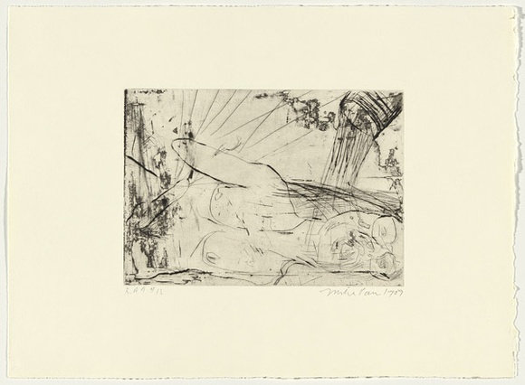 Artist: b'PARR, Mike' | Title: b'Gun into vanishing point 12' | Date: 1988-89 | Technique: b'drypoint and foul biting, printed in black ink, from one copper plate' Artist: b'PARR, Mike' | Title: b'Gun into vanishing point 12' | Date: 1988-89 | Technique: b'drypoint and foul biting, printed in black ink, from one copper plate'