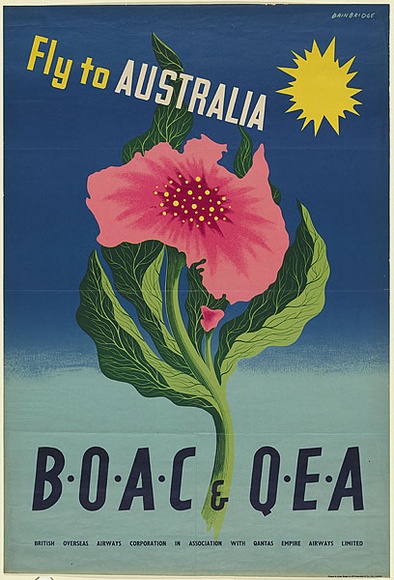 Artist: b'Bainbridge, John.' | Title: b'Fly to Australia: B.O.A.C. and Q.E.A.' | Date: c.1958 | Technique: b'photo-lithograph, printed in colour, from multiple plates' Artist: b'Bainbridge, John.' | Title: b'Fly to Australia: B.O.A.C. and Q.E.A.' | Date: c.1958 | Technique: b'photo-lithograph, printed in colour, from multiple plates'