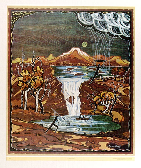 Artist: b'Mansell, Byram.' | Title: b'The waterfall' | Date: (1946) | Technique: b'photographic lithograph, printed in colour, from process plates' Artist: b'Mansell, Byram.' | Title: b'The waterfall' | Date: (1946) | Technique: b'photographic lithograph, printed in colour, from process plates'
