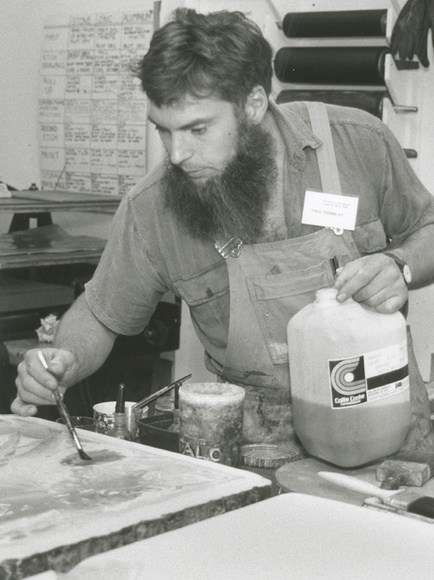 Artist: b'Heath, Gregory.' | Title: b'Portrait of Theo Tremblay, Australian printmaker at Studio One Canberra, 1988' | Date: 1988