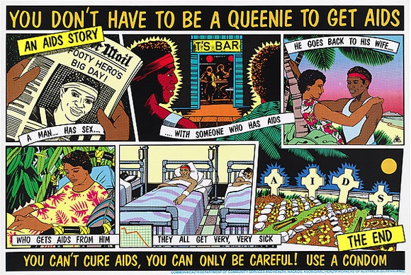 Artist: b'REDBACK GRAPHIX' | Title: bYou don't have to be a queenie to get aids | Date: 1988 | Technique: b'screenprint, printed in colour, from four stencils (three process colour plus black)' Artist: b'REDBACK GRAPHIX' | Title: bYou don't have to be a queenie to get aids | Date: 1988 | Technique: b'screenprint, printed in colour, from four stencils (three process colour plus black)'