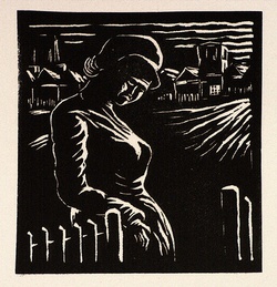 Artist: CARTER, Maurie | Title: (Woman at gate). | Date: 1949 | Technique: linocut, printed in black ink, from one block