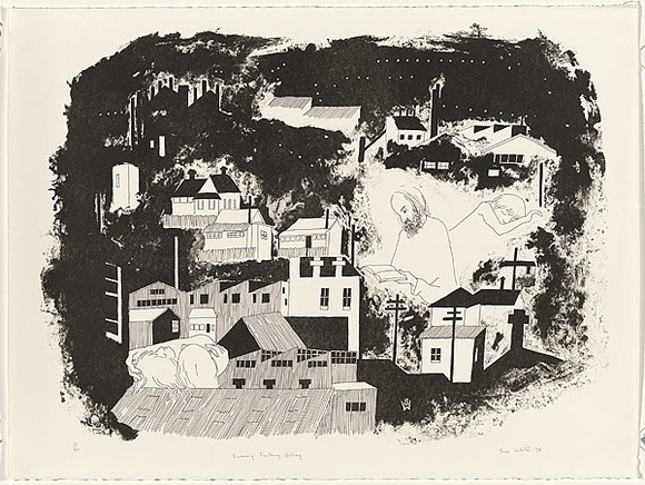 Artist: b'White, Susan Dorothea.' | Title: b'Evening: factory valley, no.2' | Date: 1978 | Technique: b'crayon-lithograph, printed in black ink, from one stone' Artist: b'White, Susan Dorothea.' | Title: b'Evening: factory valley, no.2' | Date: 1978 | Technique: b'crayon-lithograph, printed in black ink, from one stone'