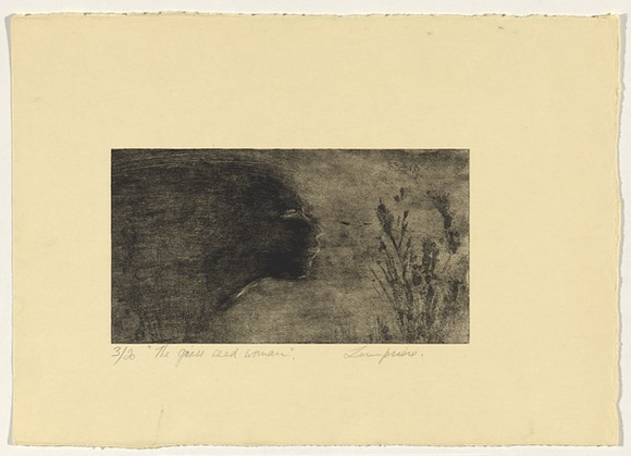 Artist: b'Lempriere, Helen' | Title: b'The grass seed woman' | Date: 1960s | Technique: b'etching and aquatint, printed in black ink with plate-tone, from one plate' Artist: b'Lempriere, Helen' | Title: b'The grass seed woman' | Date: 1960s | Technique: b'etching and aquatint, printed in black ink with plate-tone, from one plate'