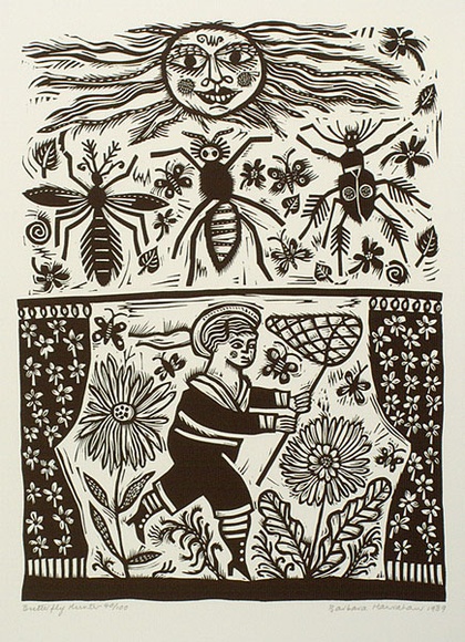 Artist: b'HANRAHAN, Barbara' | Title: b'Butterfly hunter.' | Date: 1989 | Technique: b'linocut, printed in black ink, from one block' Artist: b'HANRAHAN, Barbara' | Title: b'Butterfly hunter.' | Date: 1989 | Technique: b'linocut, printed in black ink, from one block'