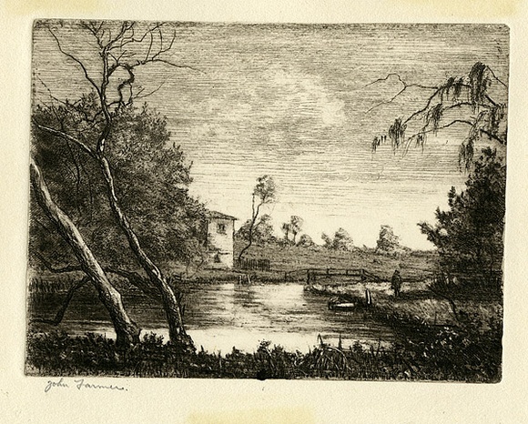 Artist: b'Farmer, John.' | Title: b'House near the creek.' | Date: c.1960 | Technique: b'etching, printed in black ink, from one plate' Artist: b'Farmer, John.' | Title: b'House near the creek.' | Date: c.1960 | Technique: b'etching, printed in black ink, from one plate'
