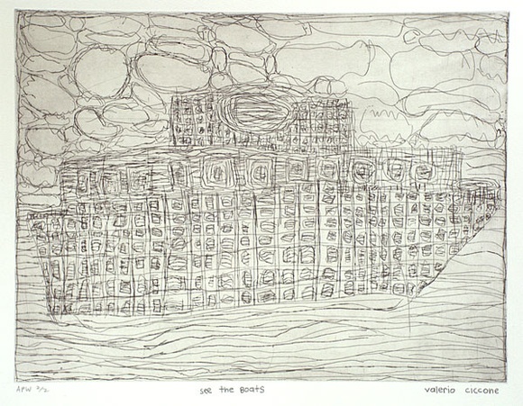 Artist: b'Ciccone, Valerio.' | Title: b'See the boats' | Date: 2000, February | Technique: b'etching, printed in black ink, from one plate' Artist: b'Ciccone, Valerio.' | Title: b'See the boats' | Date: 2000, February | Technique: b'etching, printed in black ink, from one plate'