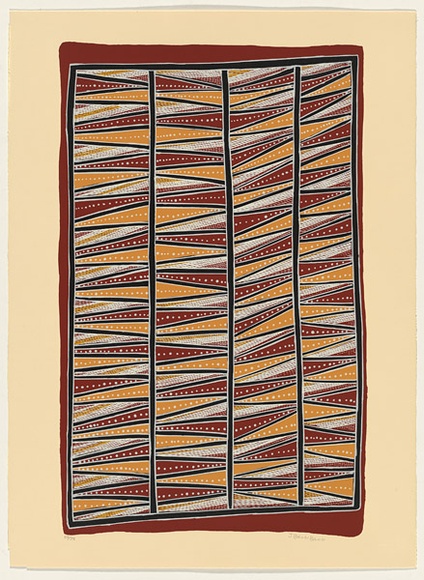 Artist: b'Bulunbulun, Johnny.' | Title: b'Lunggurrruma North-west wind' | Date: 2000 | Technique: b'screenprint, printed in colour, from multiple stencils' | Copyright: b'\xc2\xa9 Johnny Bulunbulun. Licensed by VISCOPY, Australia' Artist: b'Bulunbulun, Johnny.' | Title: b'Lunggurrruma North-west wind' | Date: 2000 | Technique: b'screenprint, printed in colour, from multiple stencils' | Copyright: b'\xc2\xa9 Johnny Bulunbulun. Licensed by VISCOPY, Australia'