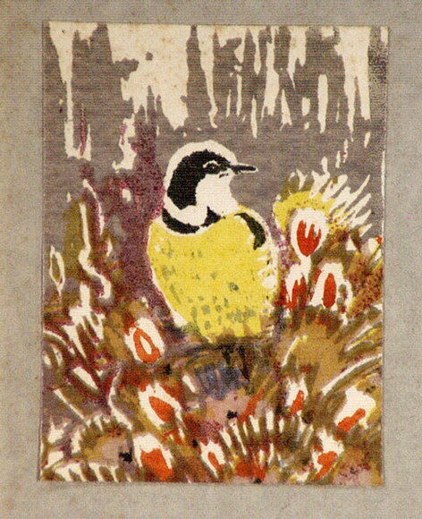 Artist: b'Palmer, Ethleen.' | Title: b'(Bird sitting in a group of banksias)' | Date: c.1955 | Technique: b'screenprint, printed in colour, from multiple stencils' Artist: b'Palmer, Ethleen.' | Title: b'(Bird sitting in a group of banksias)' | Date: c.1955 | Technique: b'screenprint, printed in colour, from multiple stencils'