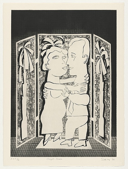 Artist: b'Sibley, Andrew.' | Title: b'Jungle dance' | Date: 1997 | Technique: b'etching and aquatint, printed in black ink with plate-tone, from one plate' Artist: b'Sibley, Andrew.' | Title: b'Jungle dance' | Date: 1997 | Technique: b'etching and aquatint, printed in black ink with plate-tone, from one plate'