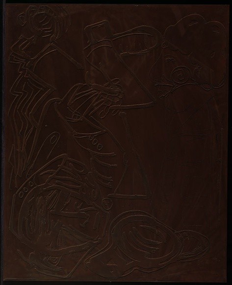 Artist: b'BOYD, Arthur' | Title: b'Plate 104: Potter fallen beside sculptered head.' | Date: (1968-69) | Technique: b'etched plate' | Copyright: b'This work appears on screen courtesy of Bundanon Trust' Artist: b'BOYD, Arthur' | Title: b'Plate 104: Potter fallen beside sculptered head.' | Date: (1968-69) | Technique: b'etched plate' | Copyright: b'This work appears on screen courtesy of Bundanon Trust'