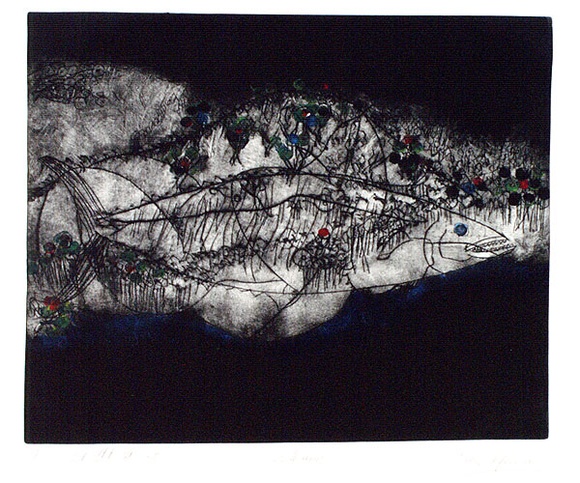 Artist: b'Shepherdson, Gordon.' | Title: b'The Mackerel: Number eight' | Date: 1979 | Technique: b'etching and aquatint, printed in colour with plate-tone, from one plate' Artist: b'Shepherdson, Gordon.' | Title: b'The Mackerel: Number eight' | Date: 1979 | Technique: b'etching and aquatint, printed in colour with plate-tone, from one plate'